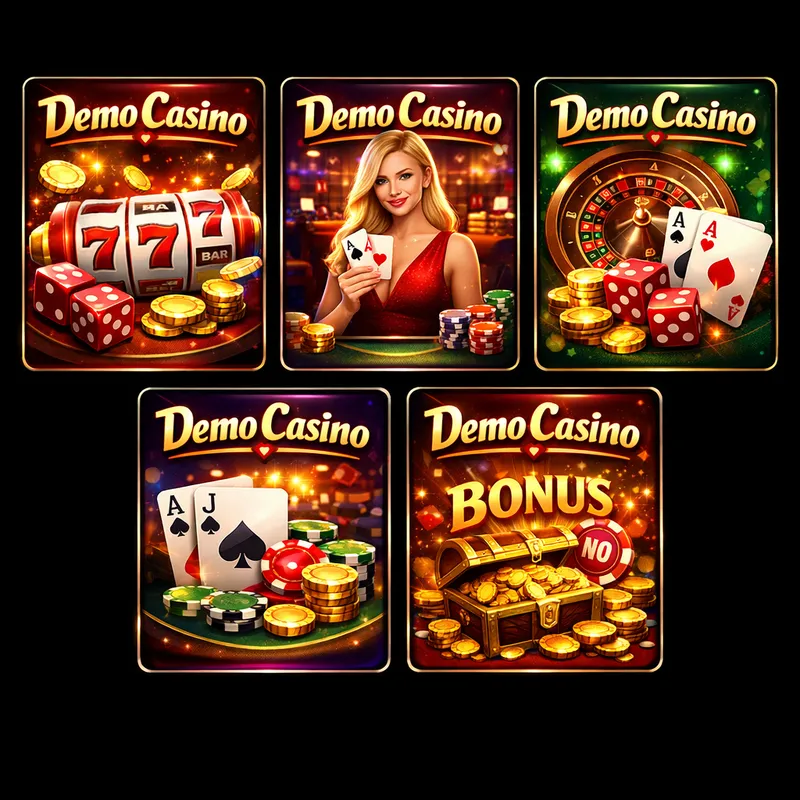 Five glossy Demo Casino offer cards with slots, blackjack, live games, bonuses, and fast payout themes