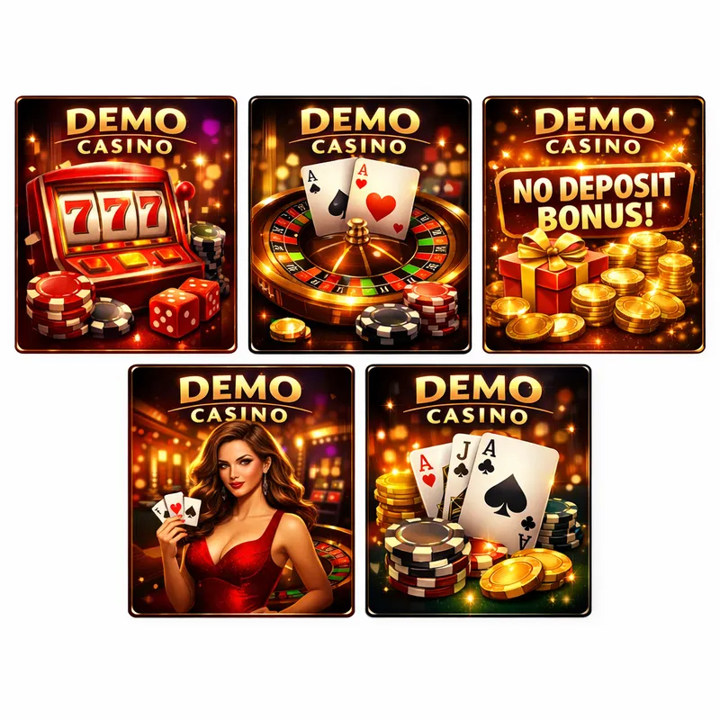 Five glossy Demo Casino offer cards with premium slots, blackjack, bonuses, live games, and fast payout themes