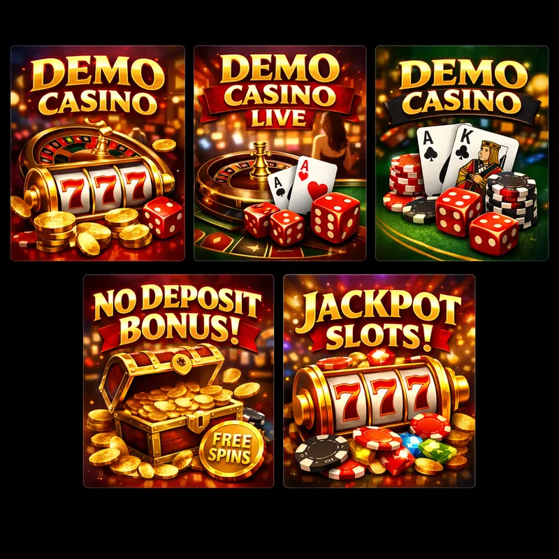 Five glossy Demo Casino offer cards with slots, blackjack, live games, bonuses, and fast payout symbols